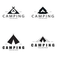 vintage e retro barraca logotipo, acampamento. com barraca, árvore e fogueira placa. aventureiros, Escoteiros, alpinistas, acampamento equipamento Centro vetor