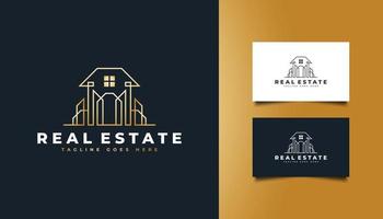 logotipo imobiliário de ouro de luxo em estilo de linha. construção, arquitetura, construção ou logotipo da casa vetor