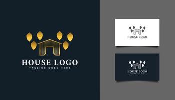 logotipo da casa de luxo com árvores em gradiente de ouro. construção, arquitetura, construção ou logotipo da casa vetor