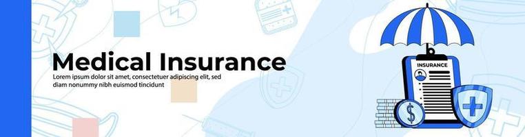 design.health seguros de web banner de seguro médico com guarda-chuva e moedas. banner de cabeçalho ou rodapé. vetor