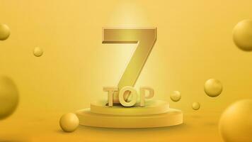 topo 7, poster com amarelo pódio com prêmio e iluminação do holofotes vetor