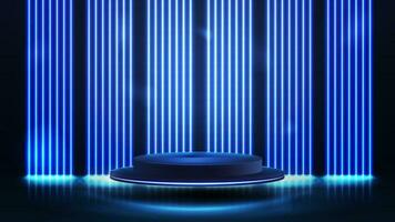 azul pódio dentro Sombrio cena com parede do linha vertical azul néon lâmpadas em fundo. vetor
