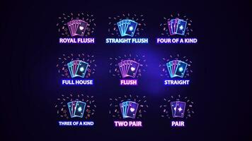 cheio conjunto do néon pôquer mão classificações sinais. Rosa e azul brilho néon cassino jogando cartões vetor