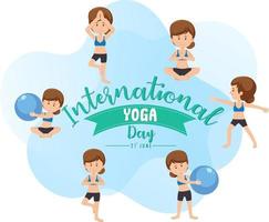 banner do dia internacional de ioga com mulher fazendo diferentes poses de ioga vetor