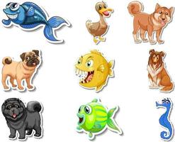 conjunto de adesivos com animais marinhos e personagens de desenhos animados de cães vetor