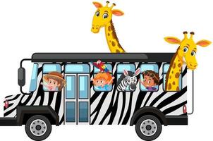 animais selvagens e crianças no ônibus isolados no fundo branco vetor