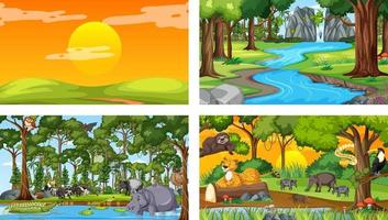 conjunto de cena horizontal de floresta diferente com vários animais selvagens vetor