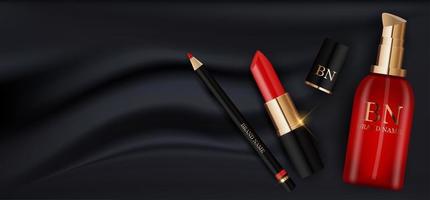 Batom vermelho realista 3D, frasco de creme e lápis no modelo de design de seda preta de produtos de cosméticos de moda para anúncios, panfleto, banner ou fundo de revista. ilustração vetorial vetor