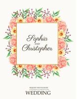 cartão de convite de casamento com flores rosa e moldura quadrada vetor