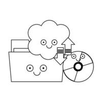pasta e cd rom com computação em nuvem em preto e branco vetor