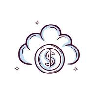 mão desenhado nuvem ícone com dinheiro moeda. rabisco esboço vetor ilustração