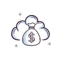 mão desenhado nuvem ícone com dinheiro bolsa. rabisco esboço vetor ilustração