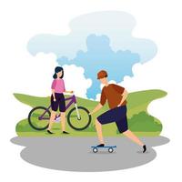 casal com bicicleta e skate na paisagem vetor