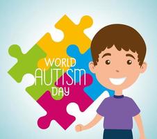 dia mundial do autismo e menino com peças de quebra-cabeça vetor