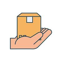 mão com ícone isolado de carga de pacote de caixa vetor