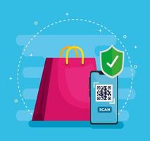 digitalize o código qr com smartphone e sacola de compras vetor