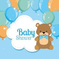 cartão de chá de bebê com urso fofo e balões de hélio vetor
