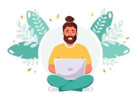 homem trabalhando no laptop. freelance, trabalho remoto, estudo on-line, conceito de trabalho em casa vetor