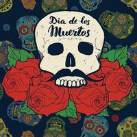 dia dos mortos, citação de letras com caveira e rosas desenhadas à mão, rótulo vintage, design de tipografia ou impressão de t-shirt, ilustração vetorial vetor