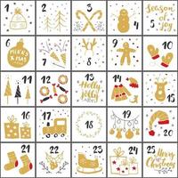 calendário do advento do Natal. elementos e números desenhados à mão. cenografia de cartões de calendário de feriados de inverno, ilustração vetorial vetor