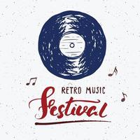 disco de vinil e letras festival de música retro, rótulo vintage, desenho de tipografia de pôster esboço desenhado à mão, distintivo retrô texturizado grunge, impressão de camiseta, ilustração vetorial vetor