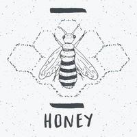 etiqueta vintage, abelha desenhada à mão, distintivo texturizado grunge, modelo de logotipo retrô, ilustração em vetor design tipografia