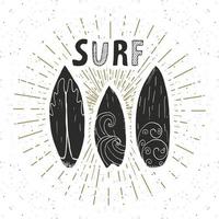 rótulo vintage, pranchas de surf desenhadas à mão, modelo de emblema retrô texturizado grunge, ilustração em vetor design tipografia