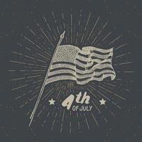 rótulo vintage, bandeira dos EUA desenhada à mão, feliz dia da independência, celebração do quarto de julho, cartão de felicitações, emblema retro texturizado de grunge, ilustração em vetor tipografia