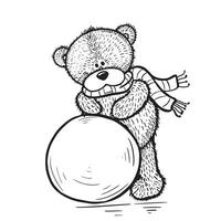 Urso de pelúcia Urso dentro uma cachecol faz uma bola de neve esboço.mão desenhado crianças brinquedo.vetor ilustração. vetor