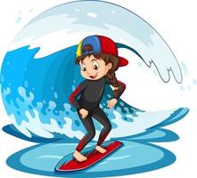garota de pé em uma prancha de surf com ondas de água vetor