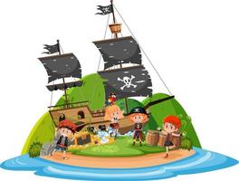 navio pirata na ilha com muitas crianças isoladas no fundo branco vetor