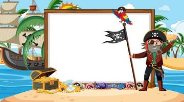 modelo de banner vazio com o capitão pirata na cena do pôr do sol na praia vetor