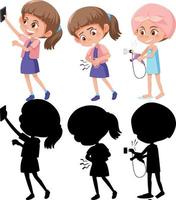 conjunto de uma personagem de desenho animado de menina fazendo atividades diferentes com sua silhueta vetor