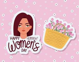letras de feliz dia das mulheres, 8 de março, mulher bonita com cabelo vermelho e uma cesta cheia de rosas vetor