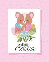 convite com letras de feliz páscoa, um urso fofo e uma cesta cheia de ovos de páscoa em um fundo rosa vetor