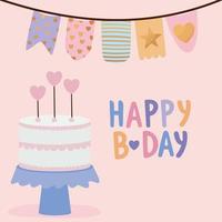 letras de feliz aniversário com um bolo de aniversário e uma guirlanda vetor