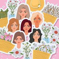 conjunto de 8 de março, dia das mulheres, com lindas cabeças femininas e uma cesta cheia de rosas vetor
