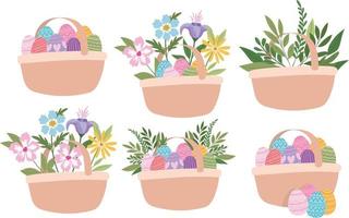 cestas cheias de ovos de páscoa, flores e plantas verdes vetor