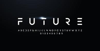 fonte de estilo futuro, letras em negrito e números. tipo de design futurista para logotipo moderno. tipografia vetorial minimalista para dispositivo digital e elemento gráfico hud. alfabeto de estilo recortado vetor