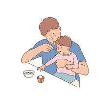 o pai senta o bebê em seu colo e o alimenta. mão desenhada estilo ilustrações vetoriais. vetor
