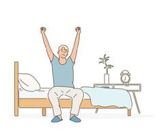 um homem está sentado em uma cama e se espreguiçando. mão desenhada estilo ilustrações vetoriais. vetor