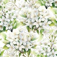 aguarela desatado padronizar com branco jasmim flores e dourado folhas em uma branco fundo vetor