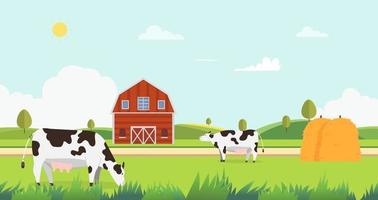 paisagem de prado com fazenda e vaca comendo grama ilustração vetorial. Braço com vacas e hays.landscape com fazenda farm.nature no verão vetor