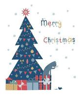 Natal árvore com presentes e uma fofa gato este quebrou uma brinquedo. feriado cumprimento cartão, respingo tela, folheto. vetor