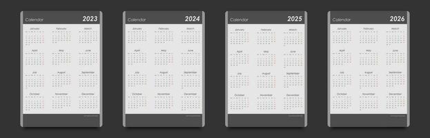 calendário conjunto para 2023, 2024, 2025, 2026. vertical, Preto e branco, semana começa em segunda-feira. vetor
