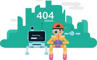 404 erro página modelo. Garoto sentado com uma robô bebendo smoothie. local na rede Internet erro mensagem, vetor ilustração
