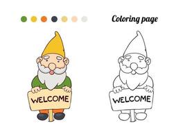 ilustração de gnomo de jardim bonito fica com um ponteiro de boas-vindas. página para colorir ou livro para bebê vetor