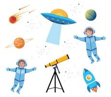 desenho animado crianças espaço e galáxia. espaço objetos, telescópio, astronautas, foguete, vôo pires, planetas, cometa. vetor ilustração.