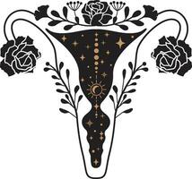 feminismo conceito. órgão do a útero com rosas. lindo fêmea reprodutivo órgão rosas lua e estrelas em branco fundo. vetor