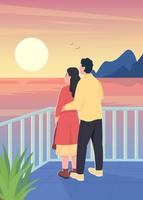 casal assistindo a ilustração em vetor cor lisa do pôr do sol romântico